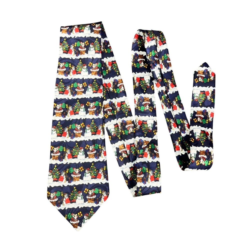 Fratello Mens Christmas Necktie Navy Blue Santa Snowman Holiday Silk Feel Tie